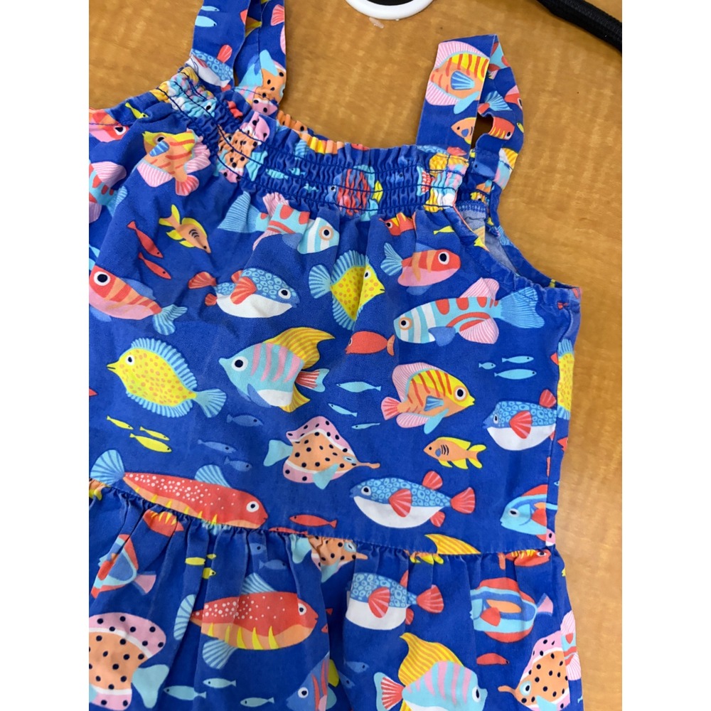 Y2K Gymboree Girls Blue Tropical Fish Print Smocked Tiered Cotton Dress Size 5T